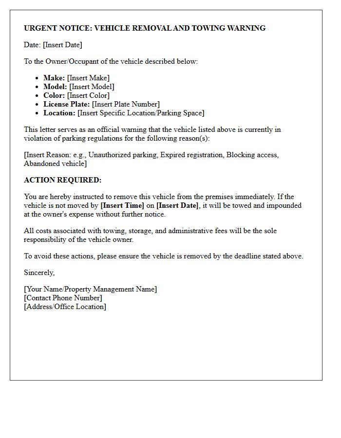 Urgent Vehicle Removal and Towing Warning Letter
