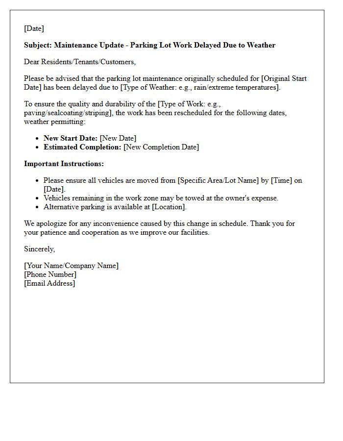 Weather Delay Parking Lot Maintenance Update Letter