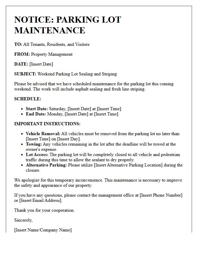 Weekend Parking Lot Striping and Sealing Notice Letter