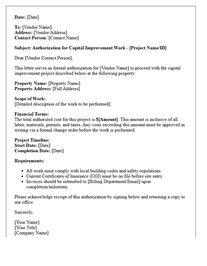 Capital Improvement Vendor Work Order Authorization Letter