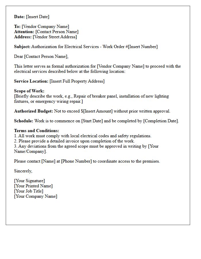 Electrical Service Vendor Work Order Authorization Letter