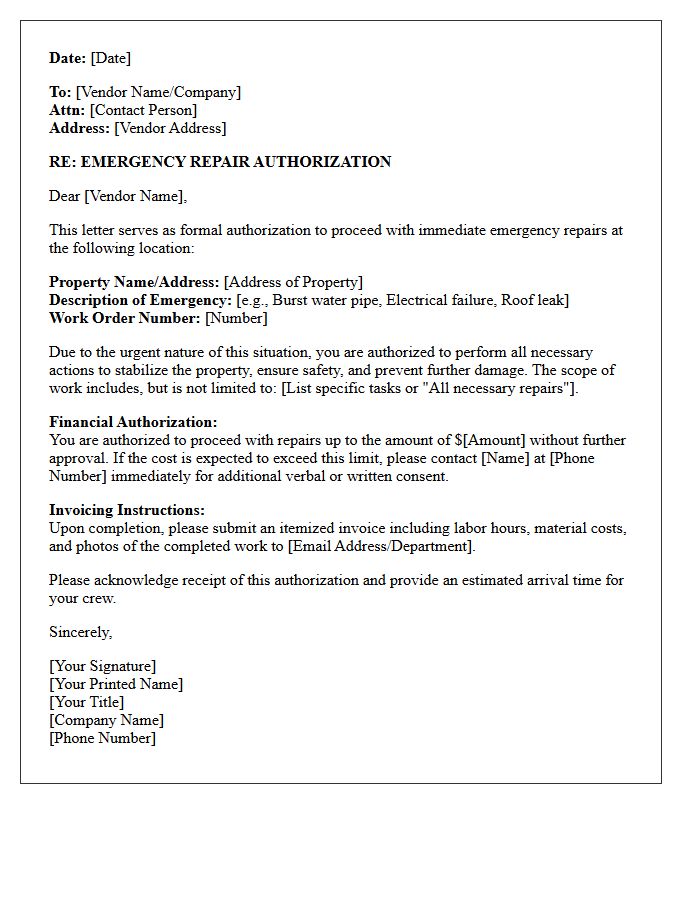 Emergency Repair Vendor Work Order Authorization Letter