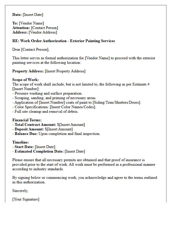 Exterior Painting Vendor Work Order Authorization Letter