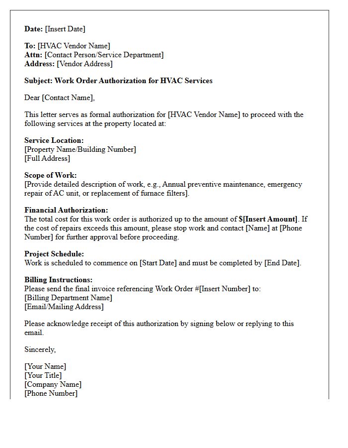 HVAC Service Vendor Work Order Authorization Letter