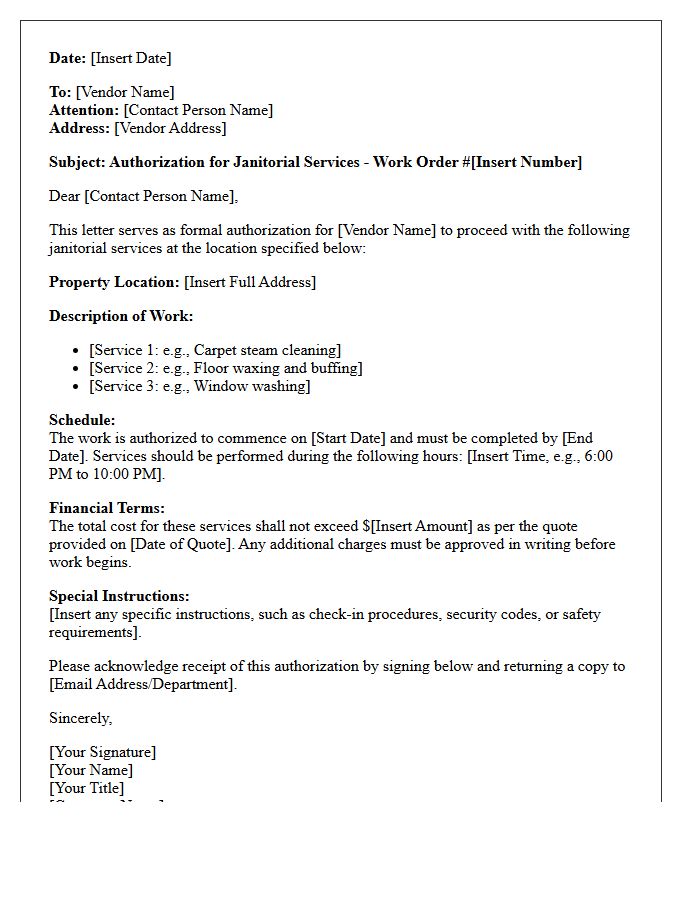 Janitorial Services Vendor Work Order Authorization Letter