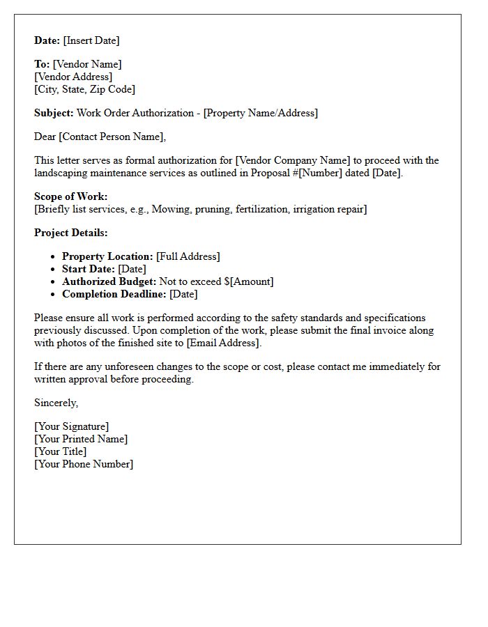 Landscaping Maintenance Vendor Work Order Authorization Letter