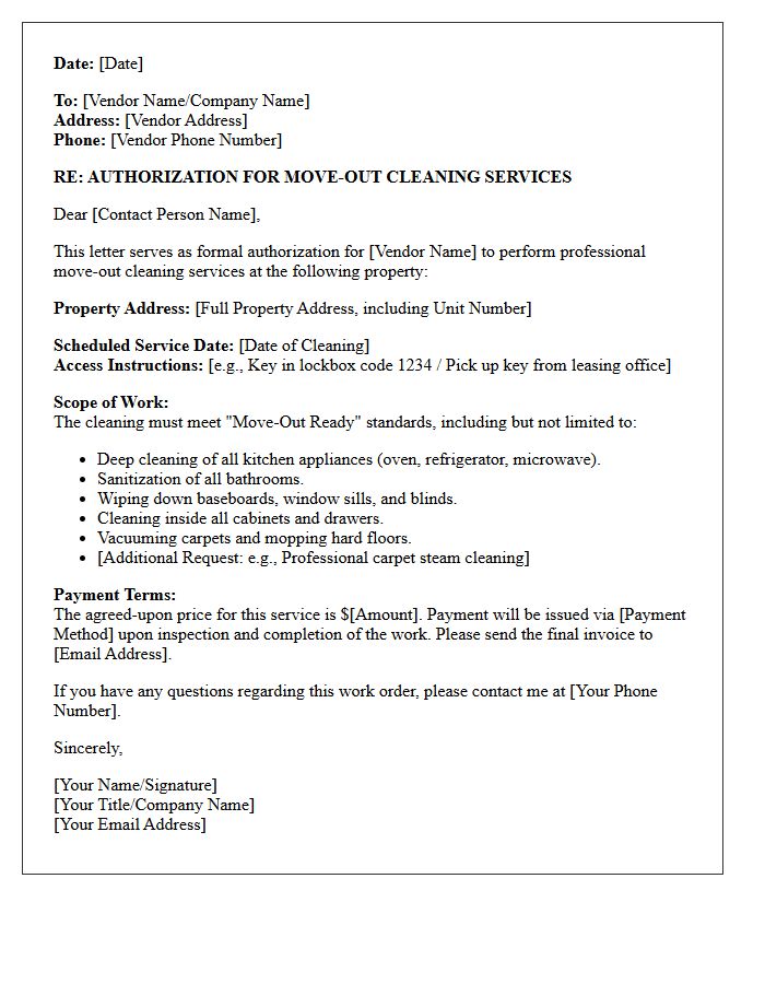 Move-Out Cleaning Vendor Work Order Authorization Letter