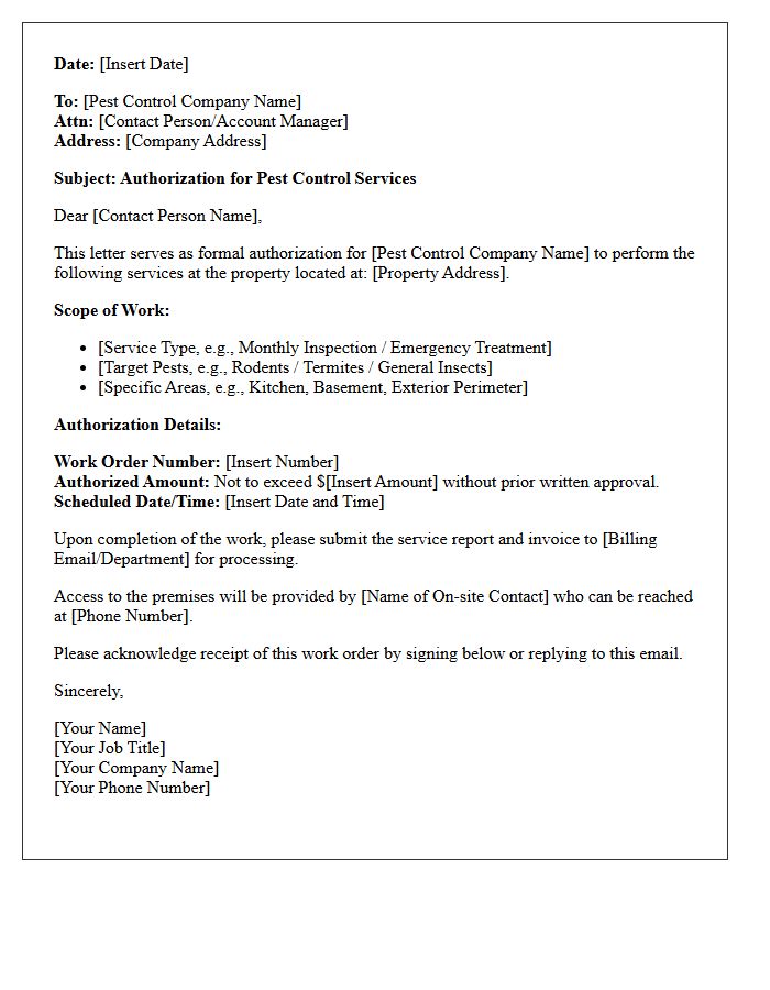 Pest Control Vendor Work Order Authorization Letter