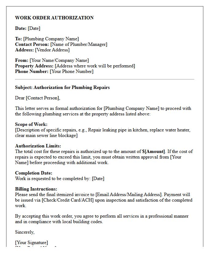 Plumbing Repair Vendor Work Order Authorization Letter