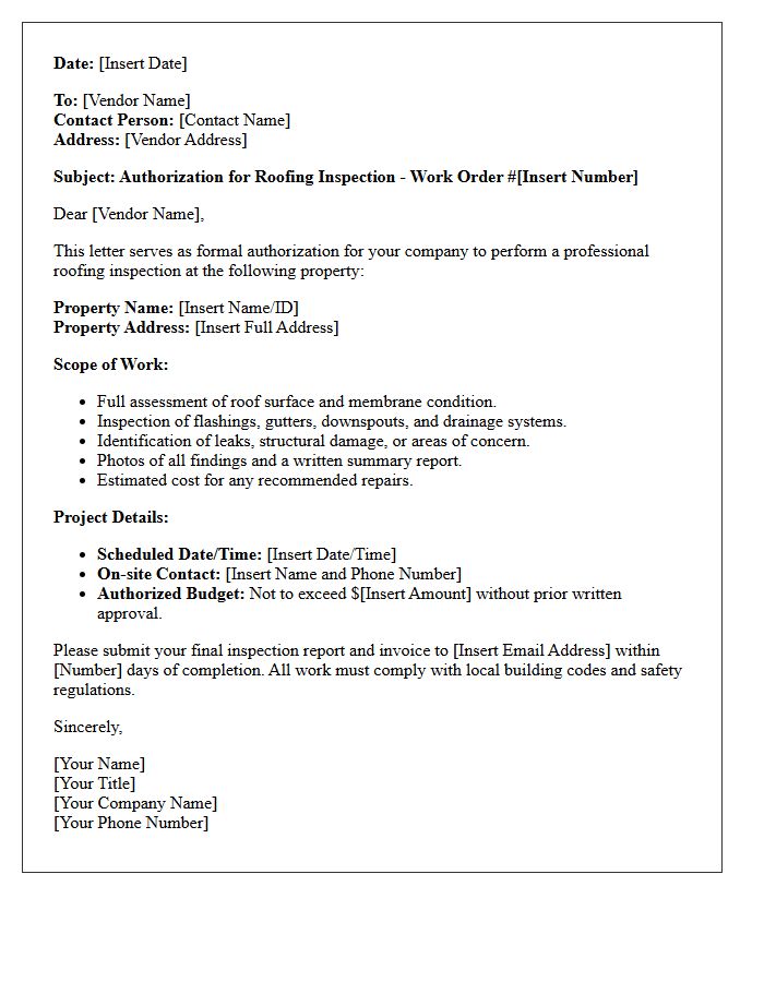 Roofing Inspection Vendor Work Order Authorization Letter