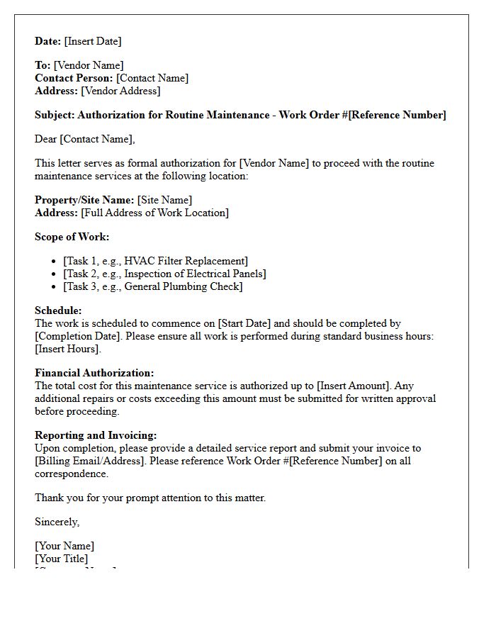 Routine Maintenance Vendor Work Order Authorization Letter