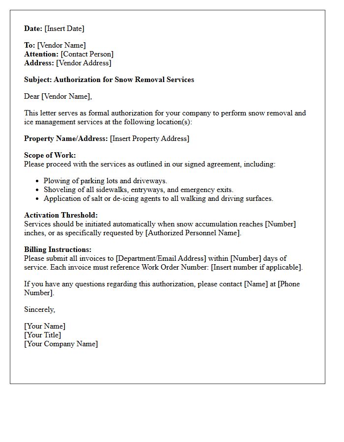 Snow Removal Vendor Work Order Authorization Letter