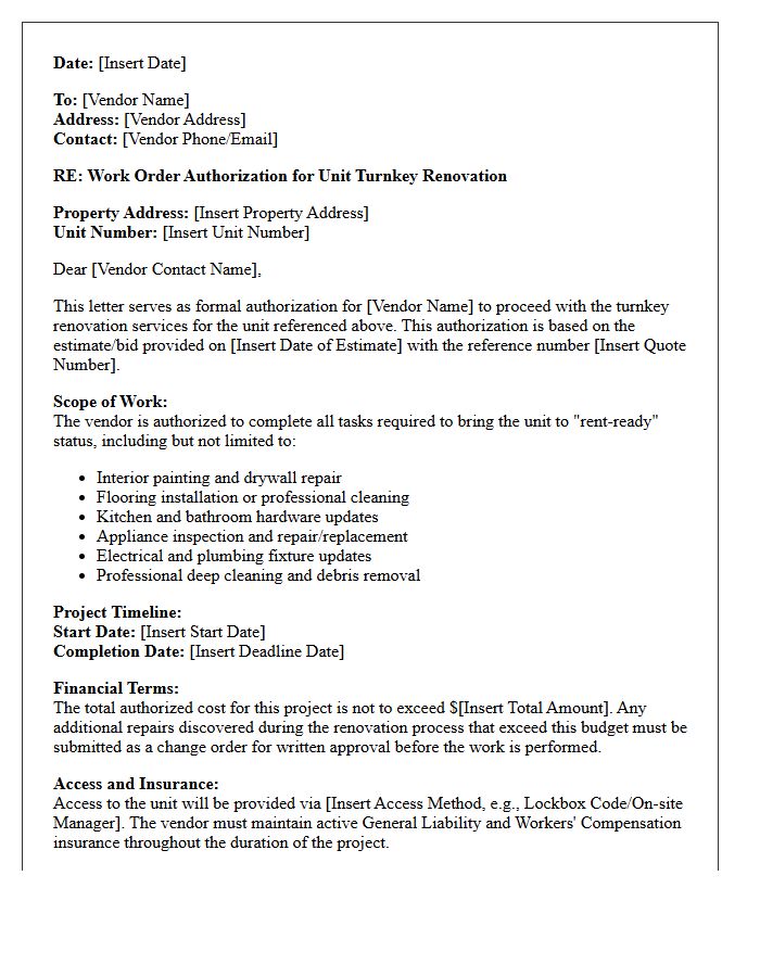 Unit Turnkey Renovation Vendor Work Order Authorization Letter