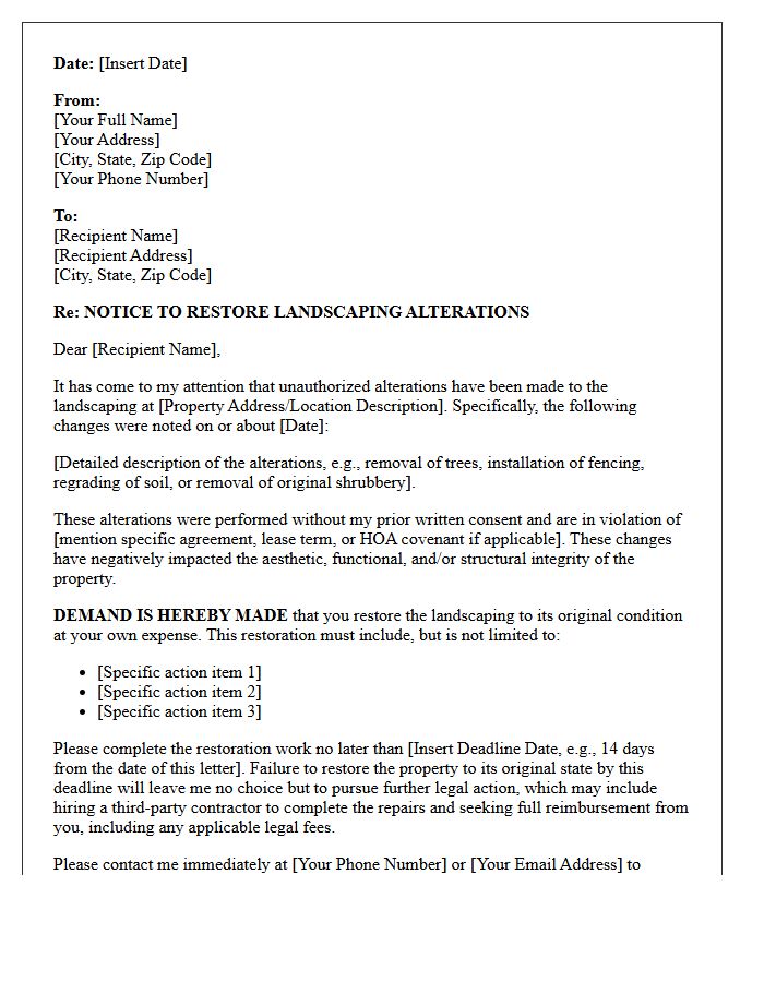Demand Letter to Restore Original Landscaping Alterations