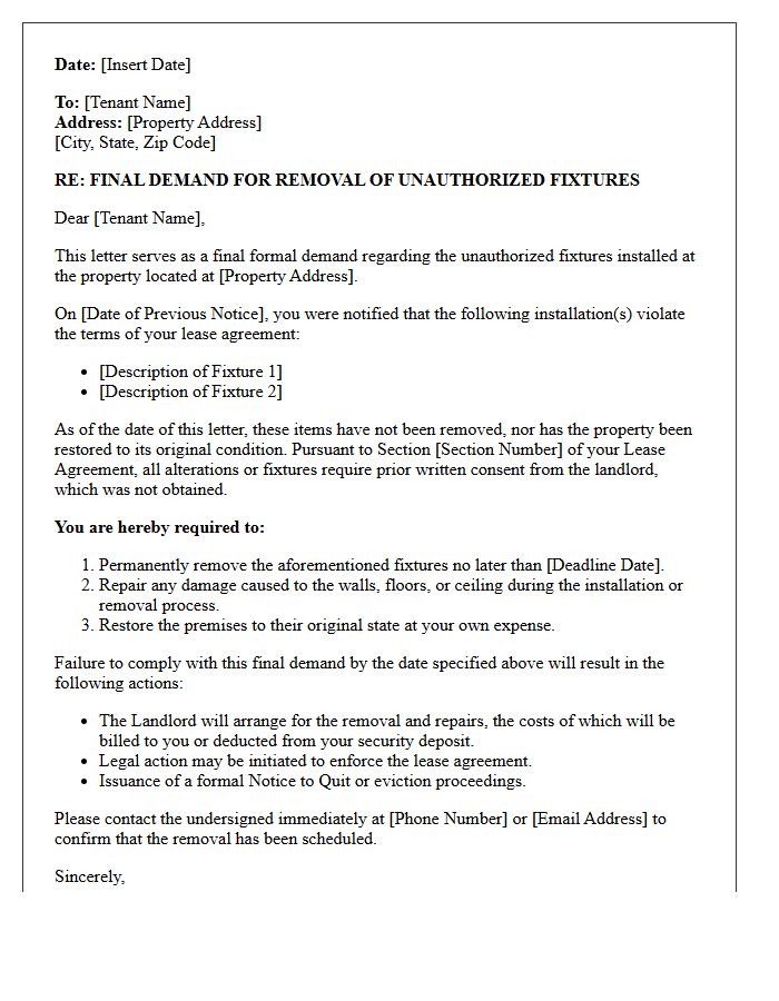 Final Demand Letter for Removal of Unauthorized Fixtures