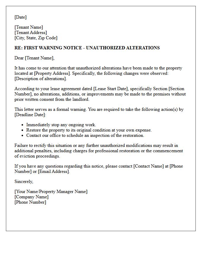 First Warning Notice Letter for Unauthorized Alterations
