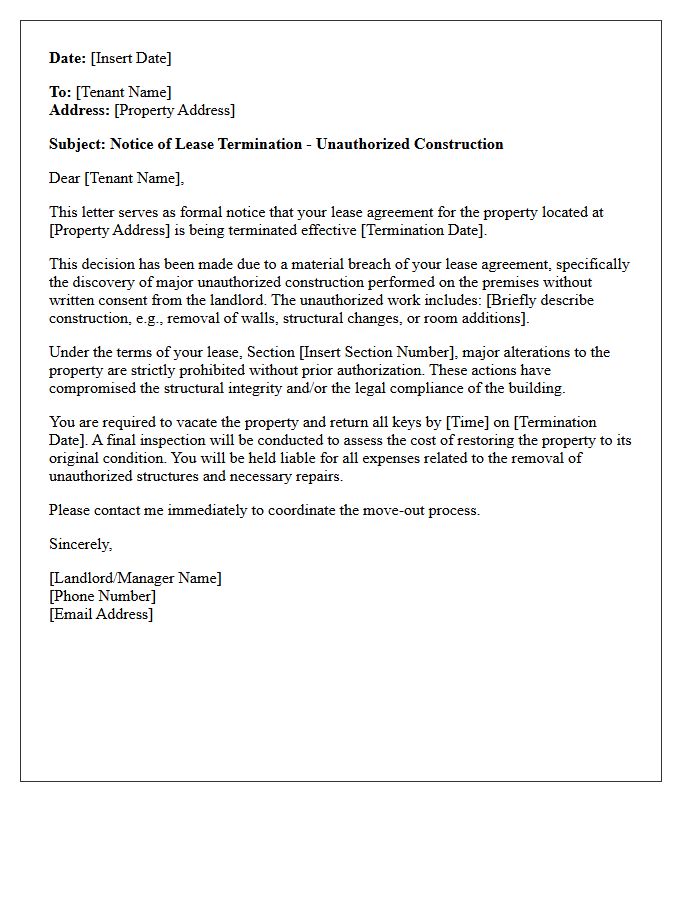 Lease Termination Letter Due to Major Unauthorized Construction