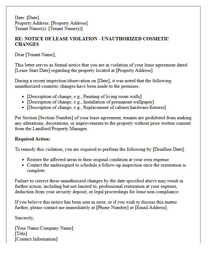 Lease Violation Letter Regarding Unauthorized Cosmetic Changes