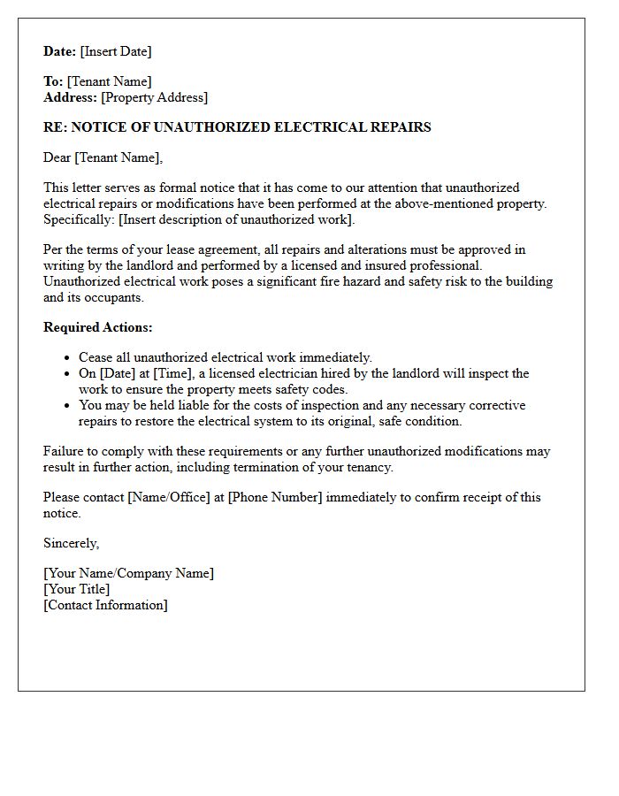 Notice Letter of Unauthorized Electrical Repairs