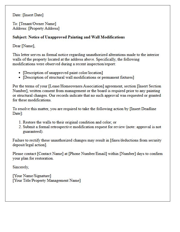 Notice Letter Regarding Unapproved Painting and Wall Modifications