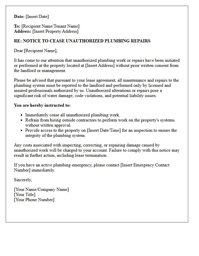 Notice Letter to Cease Unauthorized Plumbing Repairs