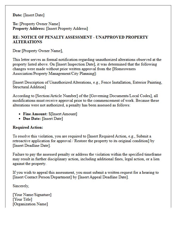 Penalty Assessment Letter for Unapproved Property Alterations