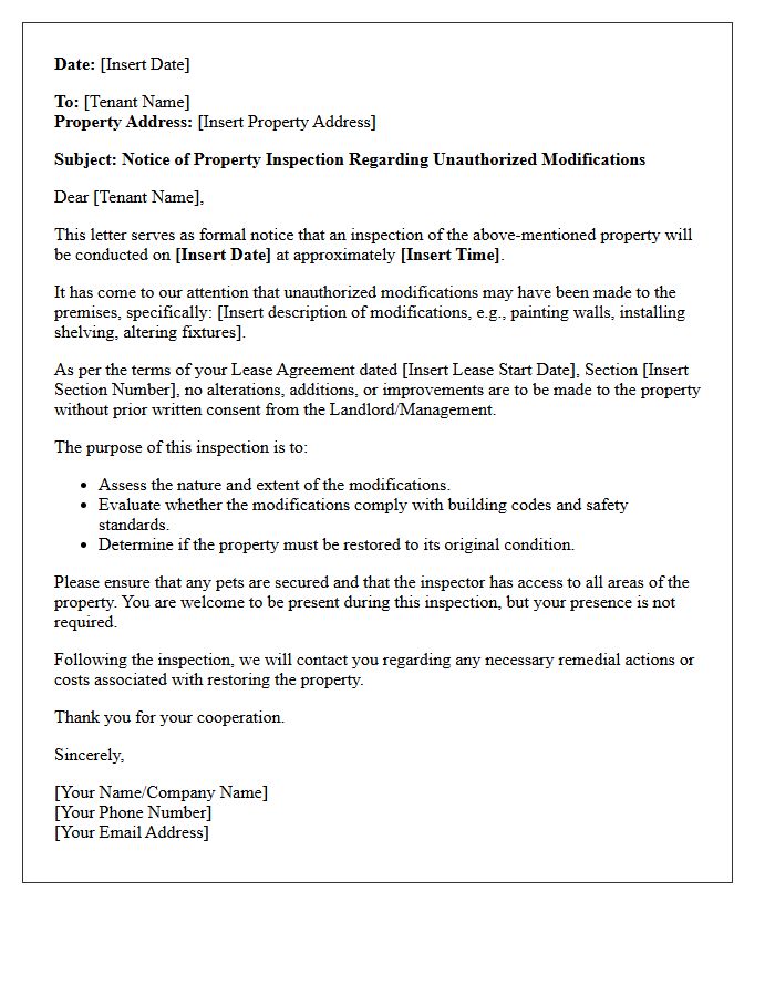 Property Inspection Letter Following Unauthorized Modifications