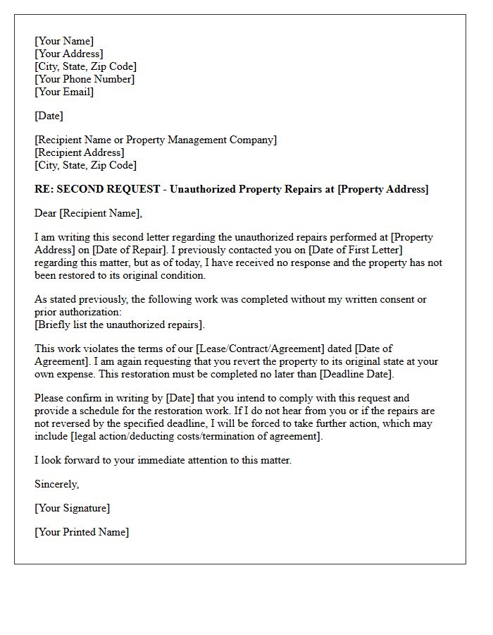 Second Request Letter to Revert Unauthorized Property Repairs