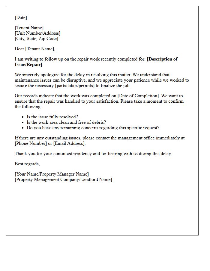 Delayed Service Post-Repair Tenant Satisfaction Follow-Up Letter