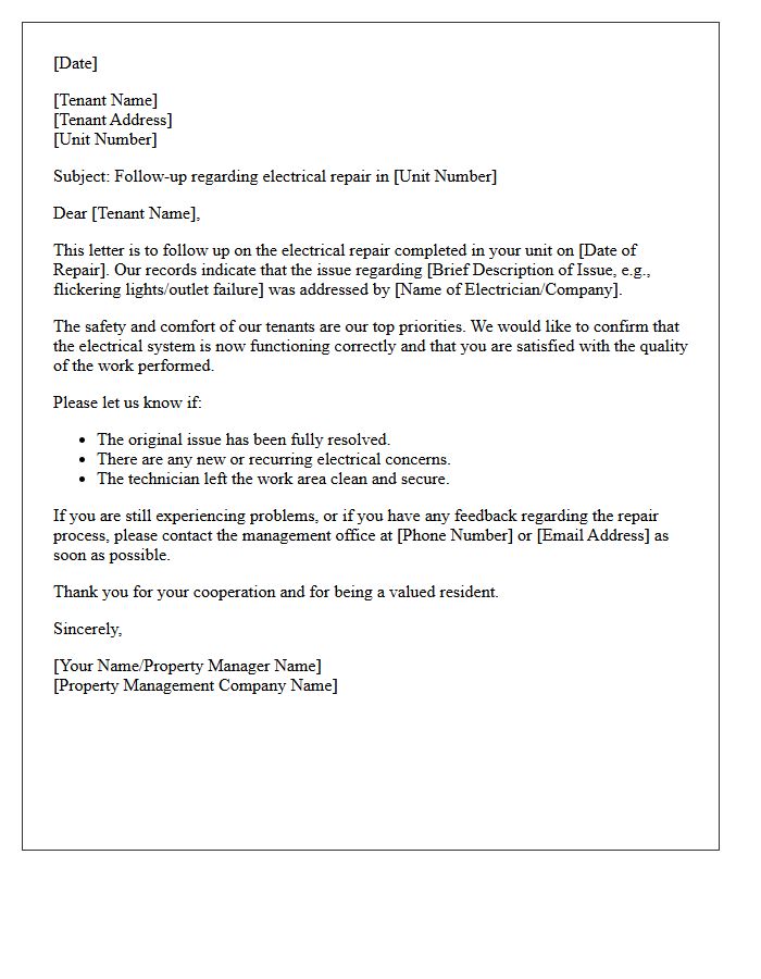 Electrical Issue Post-Repair Tenant Satisfaction Follow-Up Letter