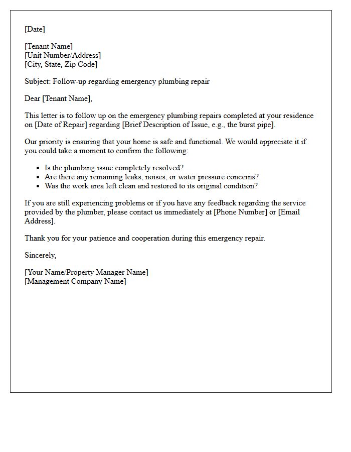 Emergency Plumbing Post-Repair Tenant Satisfaction Follow-Up Letter