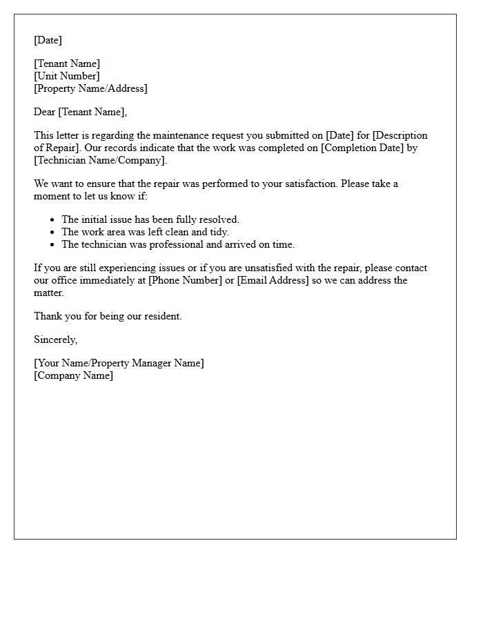 General Maintenance Post-Repair Tenant Satisfaction Follow-Up Letter