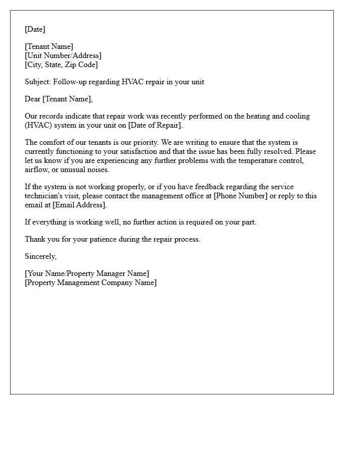 HVAC System Post-Repair Tenant Satisfaction Follow-Up Letter