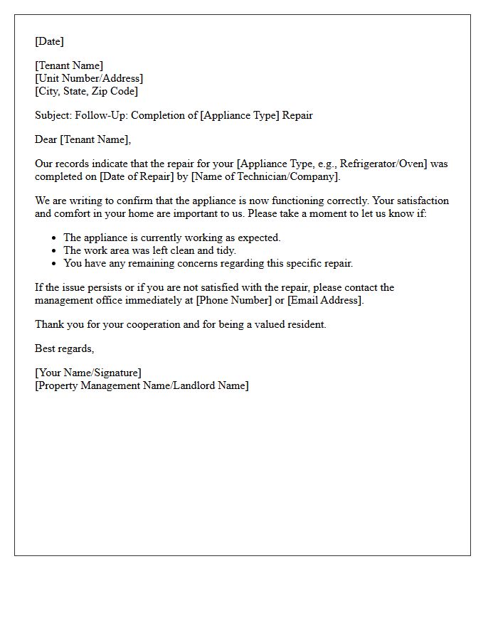 Major Appliance Post-Repair Tenant Satisfaction Follow-Up Letter
