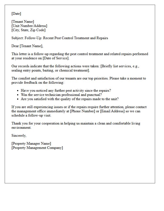 Pest Control Post-Repair Tenant Satisfaction Follow-Up Letter