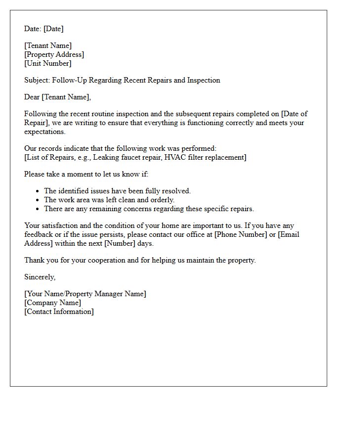Routine Inspection Post-Repair Tenant Satisfaction Follow-Up Letter
