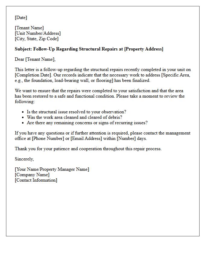 Structural Damage Post-Repair Tenant Satisfaction Follow-Up Letter