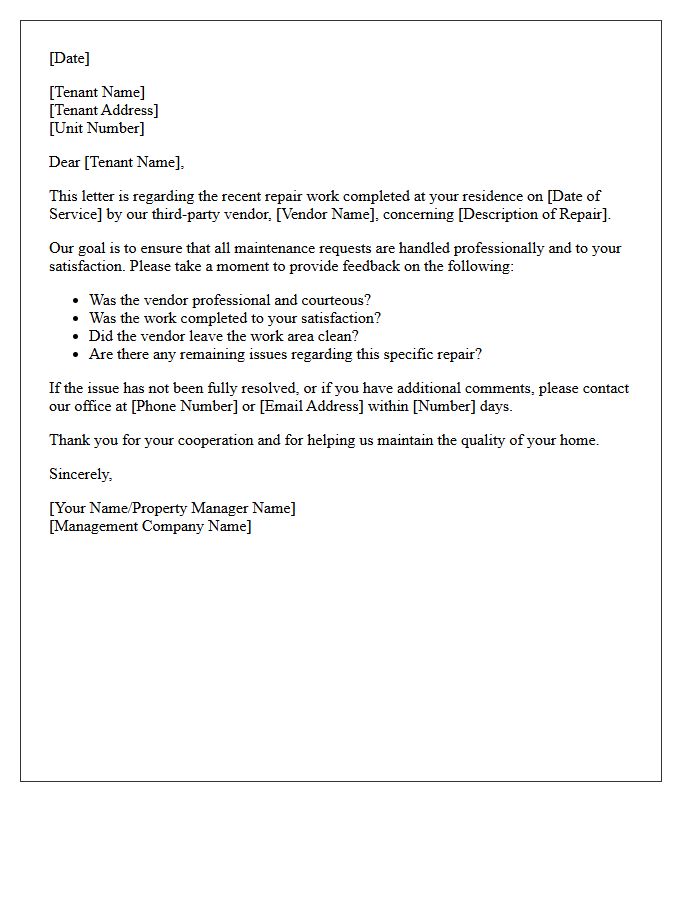 Third-Party Vendor Post-Repair Tenant Satisfaction Follow-Up Letter