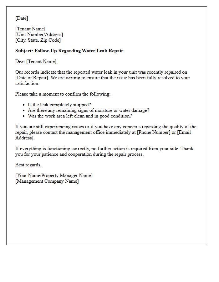 Water Leak Post-Repair Tenant Satisfaction Follow-Up Letter