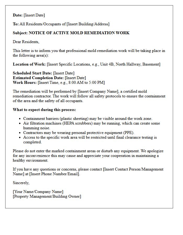 Notice Of Active Mold Remediation Work Letter
