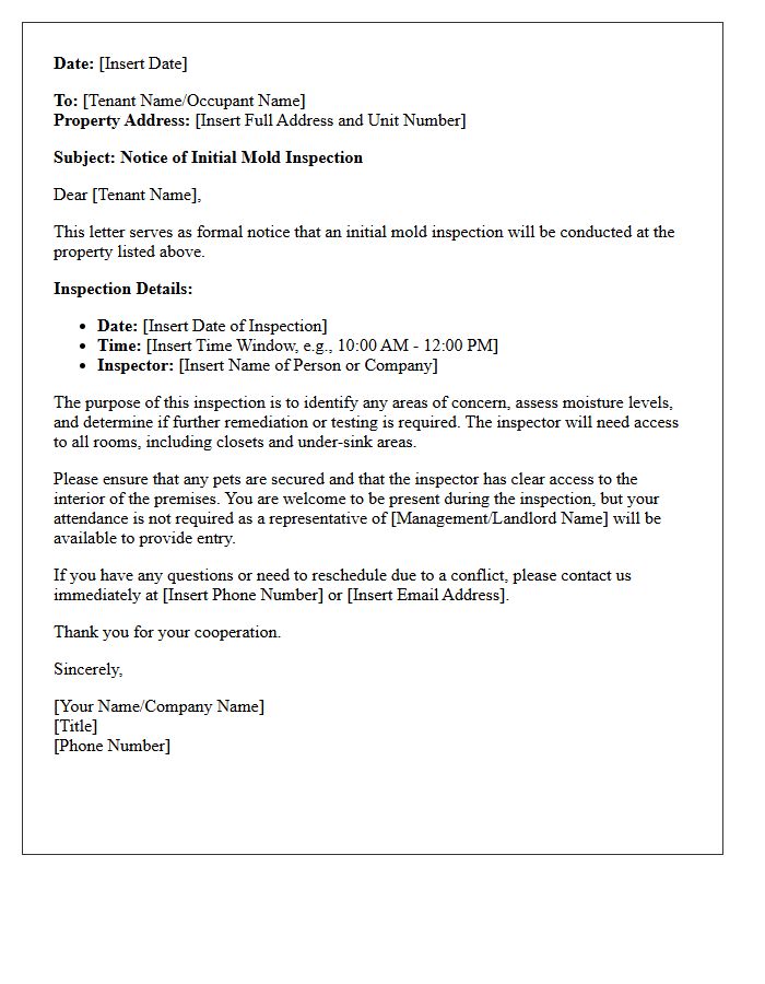 Notice Of Initial Mold Inspection Letter