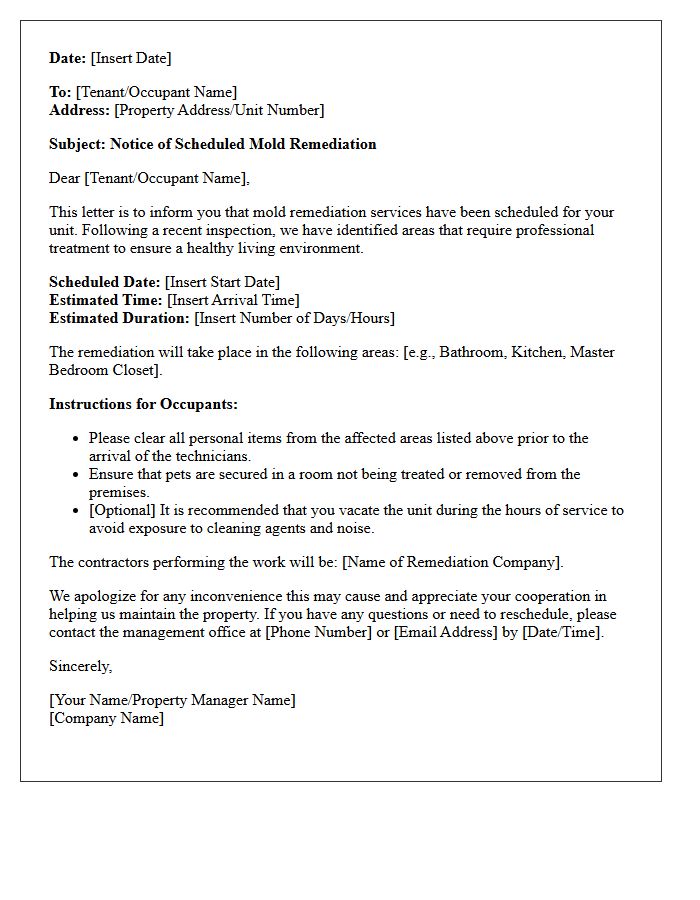 Notice Of Scheduled Mold Remediation Letter