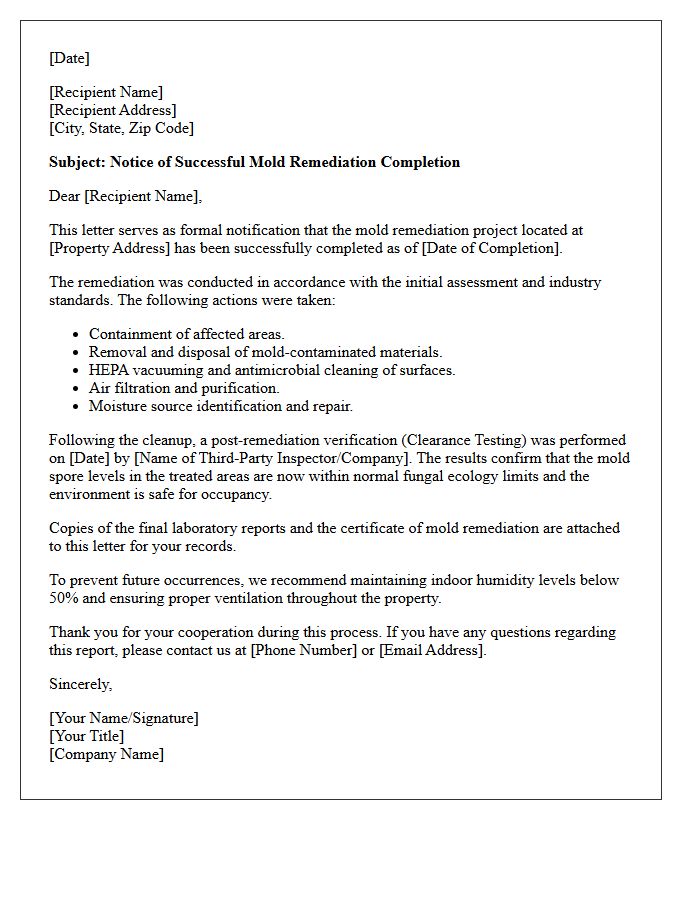 Notice Of Successful Mold Remediation Completion Letter