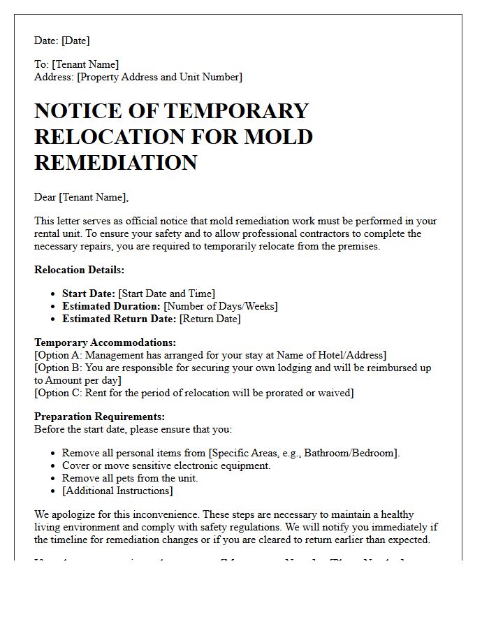 Notice Of Temporary Relocation For Mold Remediation Letter