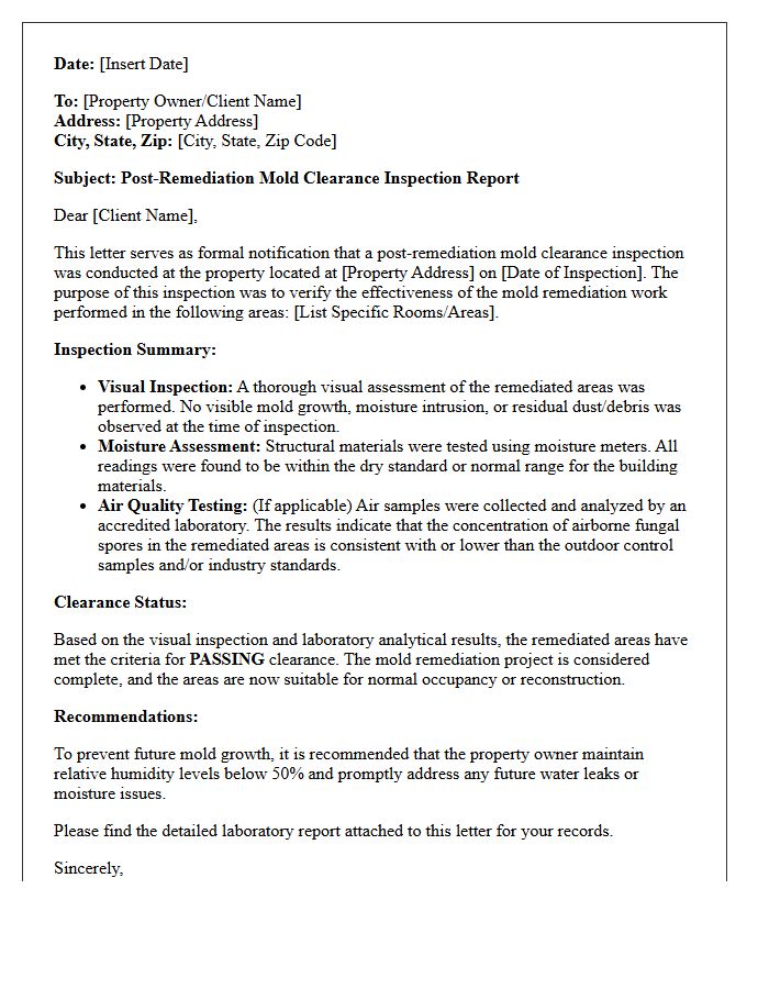 Post-Remediation Mold Clearance Inspection Letter