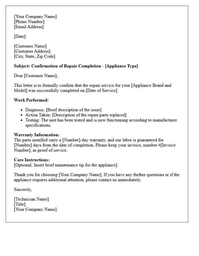 Appliance Repair Completion Confirmation Letter
