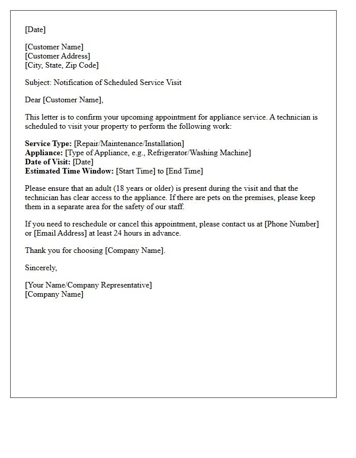 Appliance Service Technician Visit Notification Letter