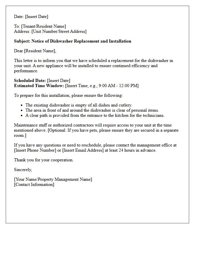 Dishwasher Replacement Installation Notification Letter