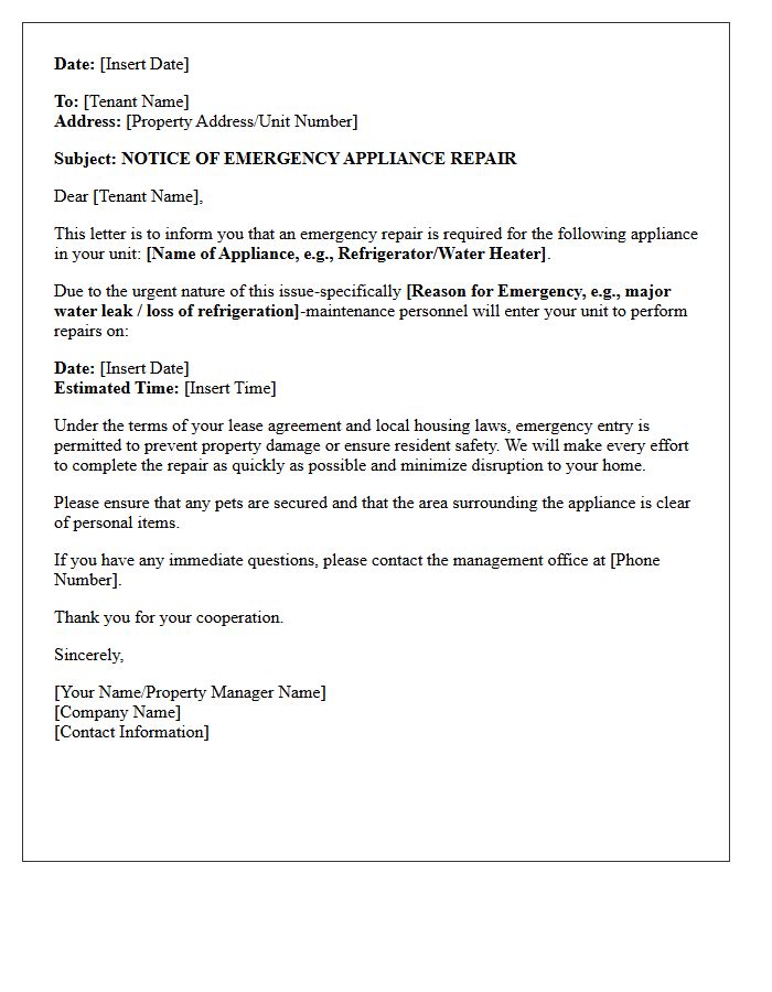Emergency Appliance Repair Notification Letter