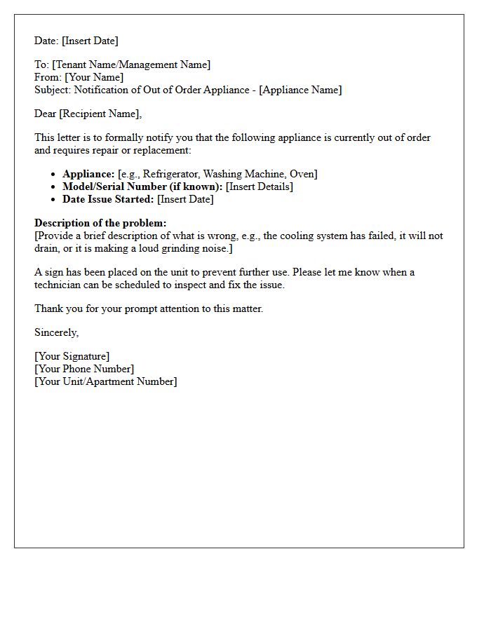 Out of Order Appliance Notification Letter